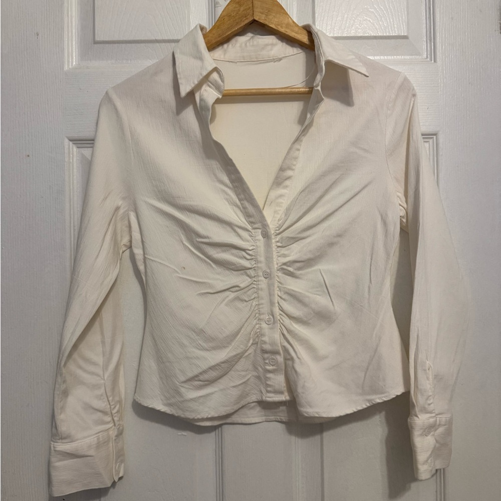 Zara Cream Ruched Fitted Button Down Shirt